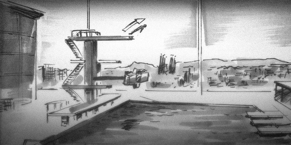 Storyboard frame from Ford Commercial by Martin Campbell, drawn by artist Raymond Johansen, located near Oslo in Norway 